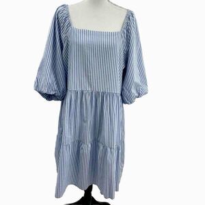 Beach Lounge Blue And White Striped Puff Sleeve Cotton Blend Dress